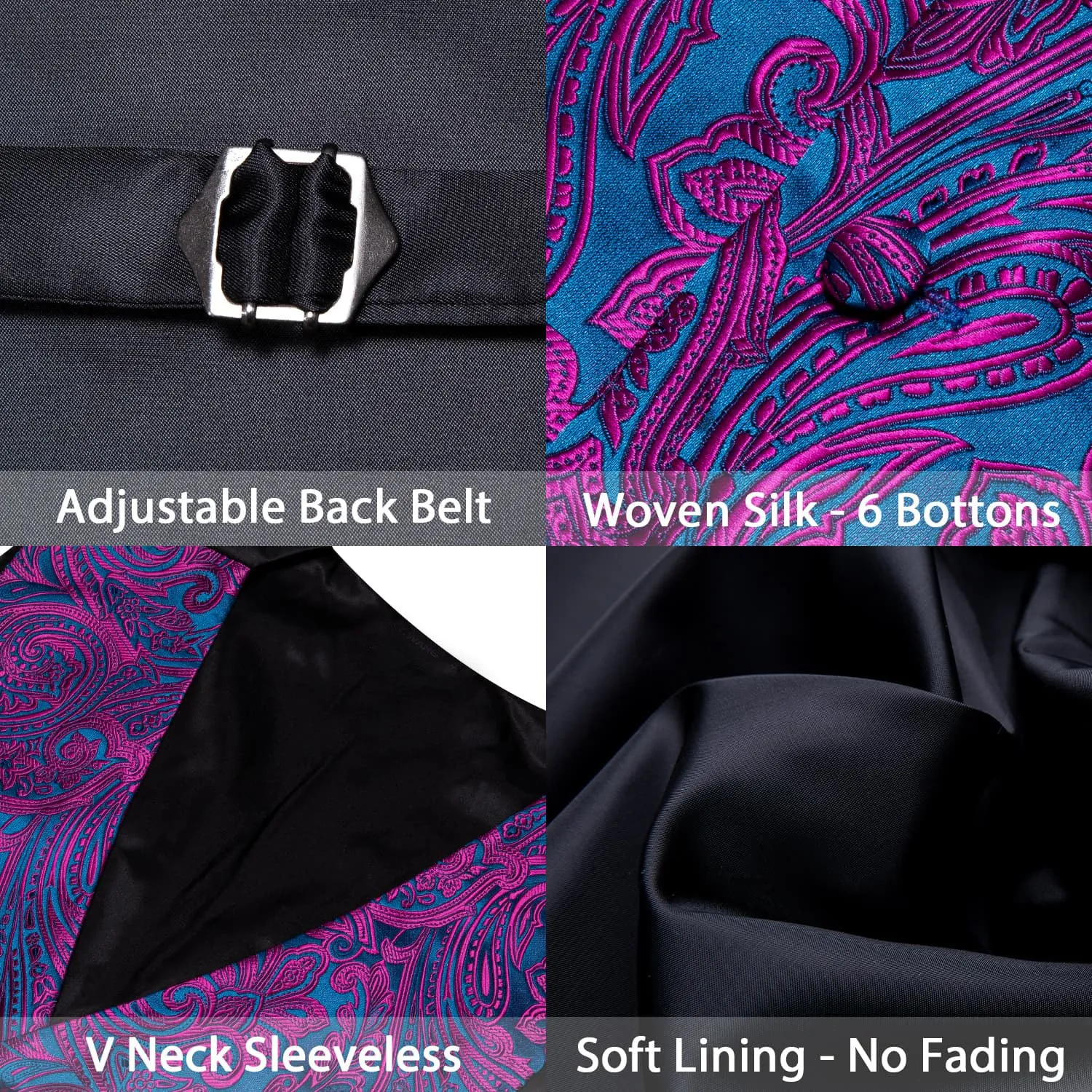 Ties2you Vest for Men Deep Purple Blue Paisley Silk Button Dress Vest Tie Pocket Square Cufflinks Set