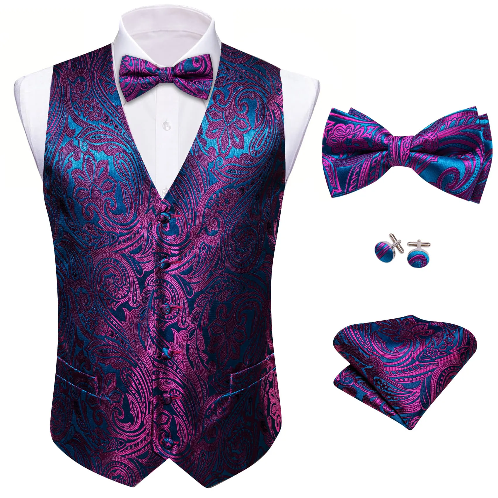 Ties2you Vest for Men Deep Purple Blue Paisley Silk Button Dress Vest Tie Pocket Square Cufflinks Set