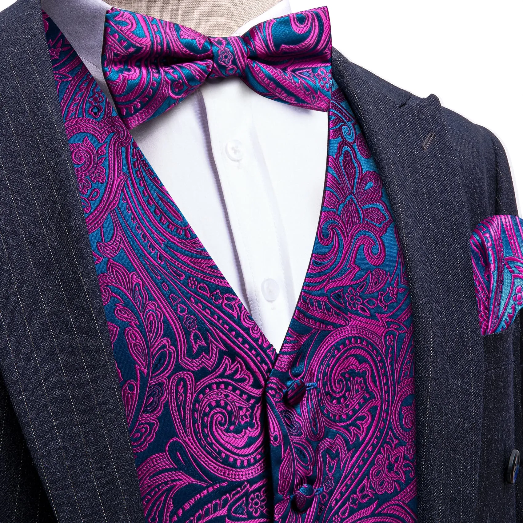 Ties2you Vest for Men Deep Purple Blue Paisley Silk Button Dress Vest Tie Pocket Square Cufflinks Set