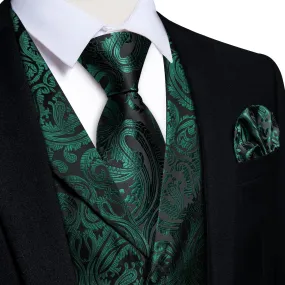 Ties2you Work Vest Phthalo Green Paisley Notched Collar Silk Waistcoat Tie Set for Men