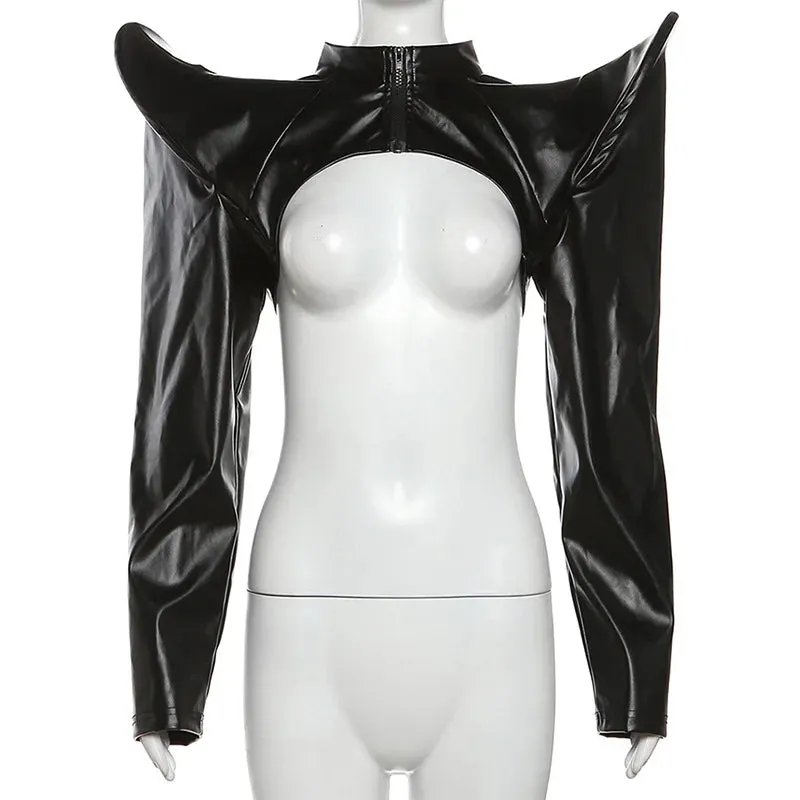 Trendy  Faux Leather Crop High Shoulder Jacket