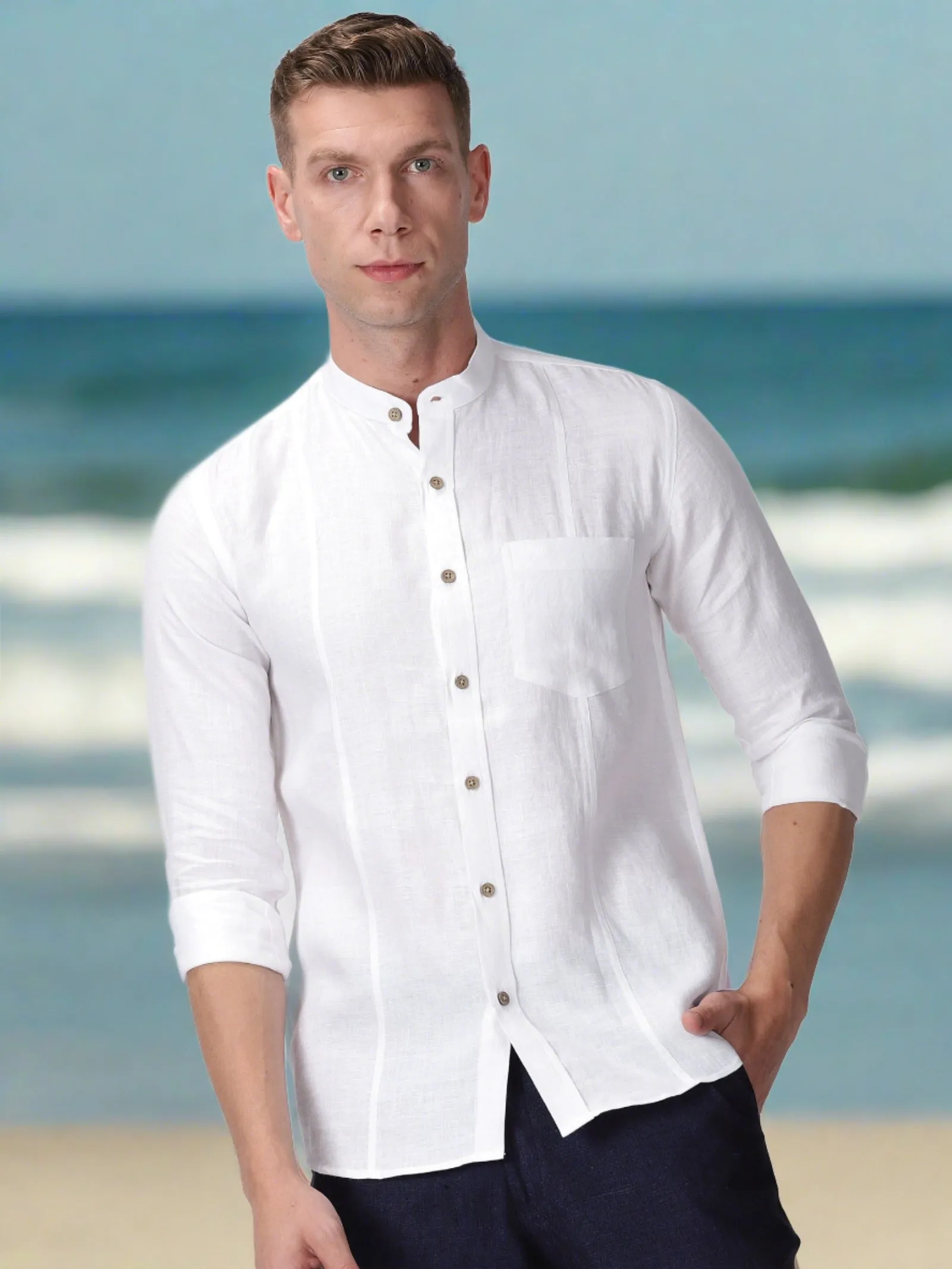 Trevor - Pure Linen Mandarin Collar Full Sleeve Shirt - White