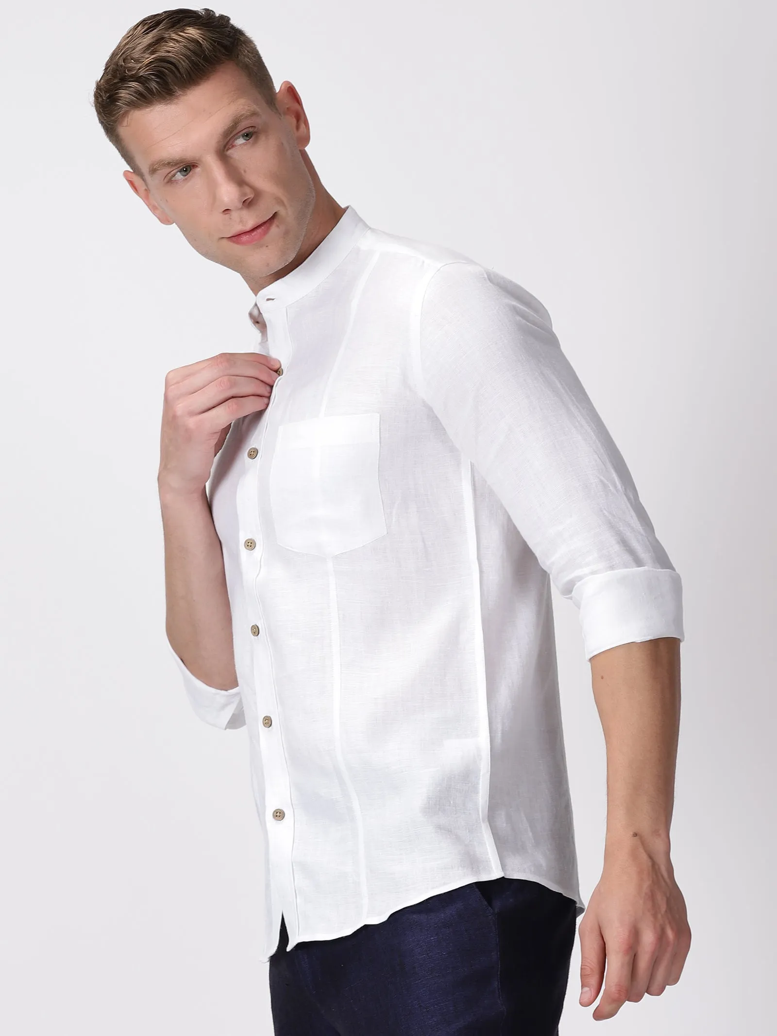 Trevor - Pure Linen Mandarin Collar Full Sleeve Shirt - White