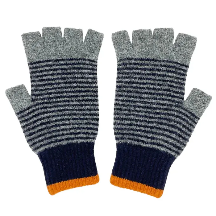 Unisex Fingerless Lambswool Gloves - Navy and Grey Stripe