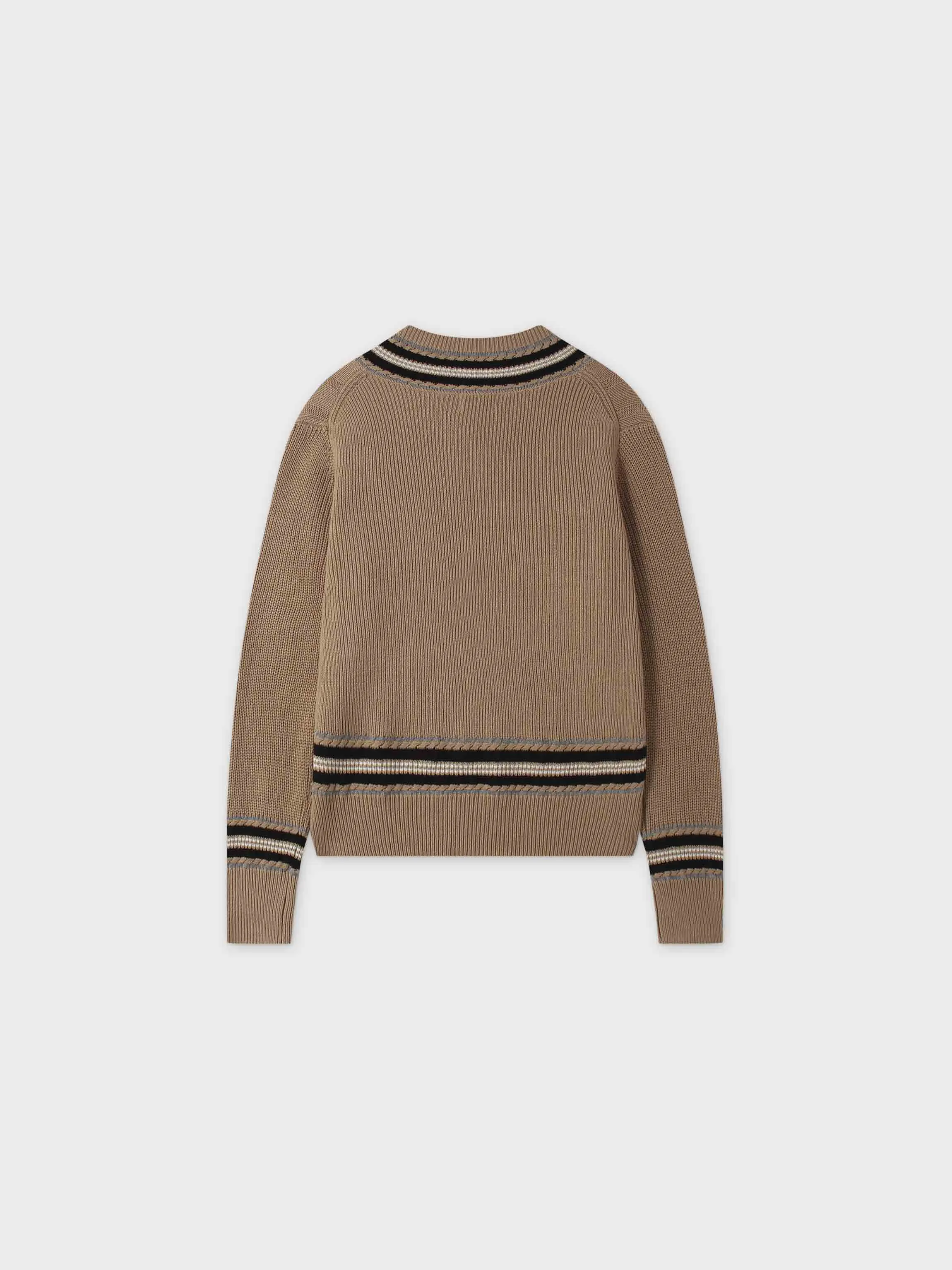 V-Neck Cable Sweater-Tan/Grey