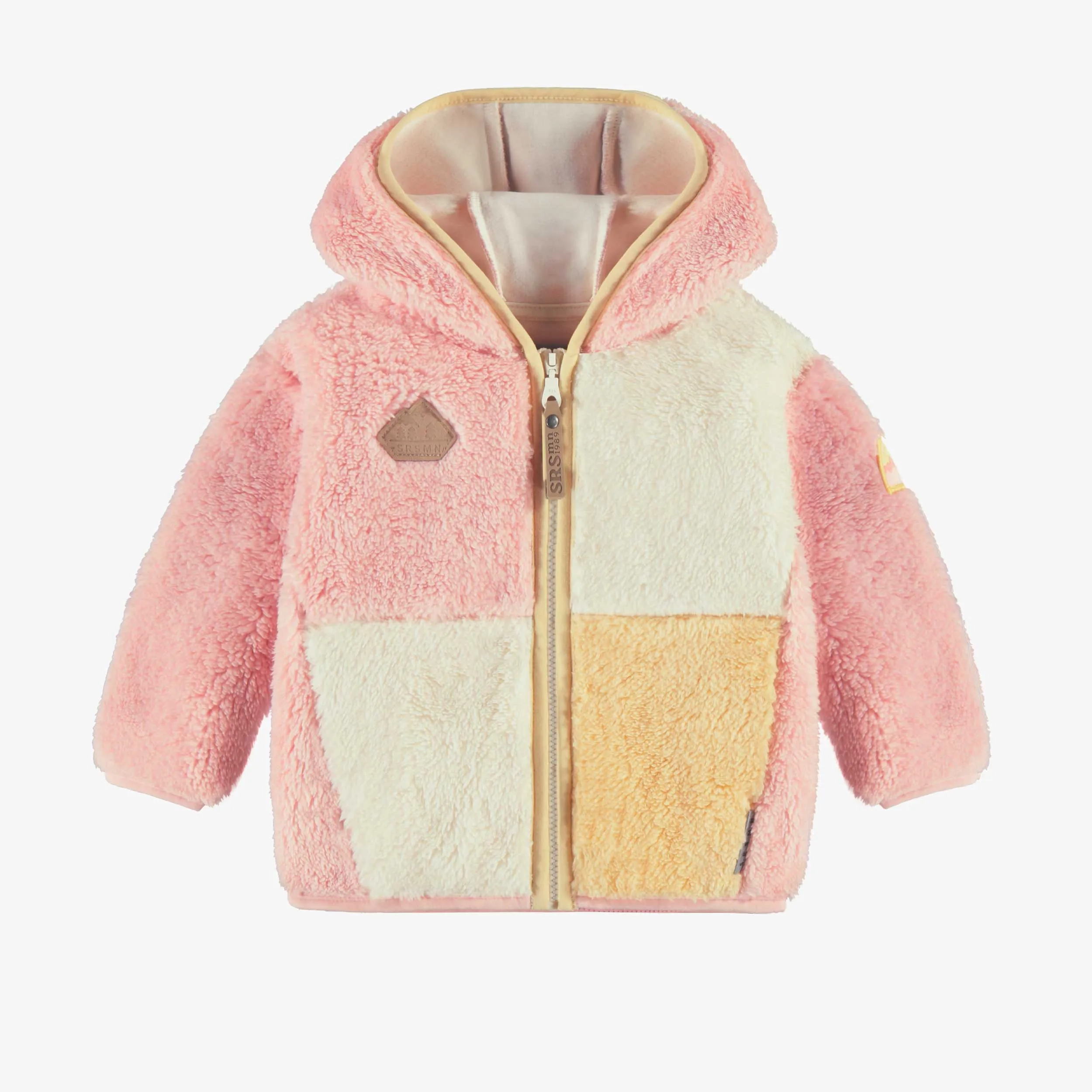 Veste à capuchon en peluche rose avec blocs de couleur, bébé || Plush pink hooded vest with color blocks, baby