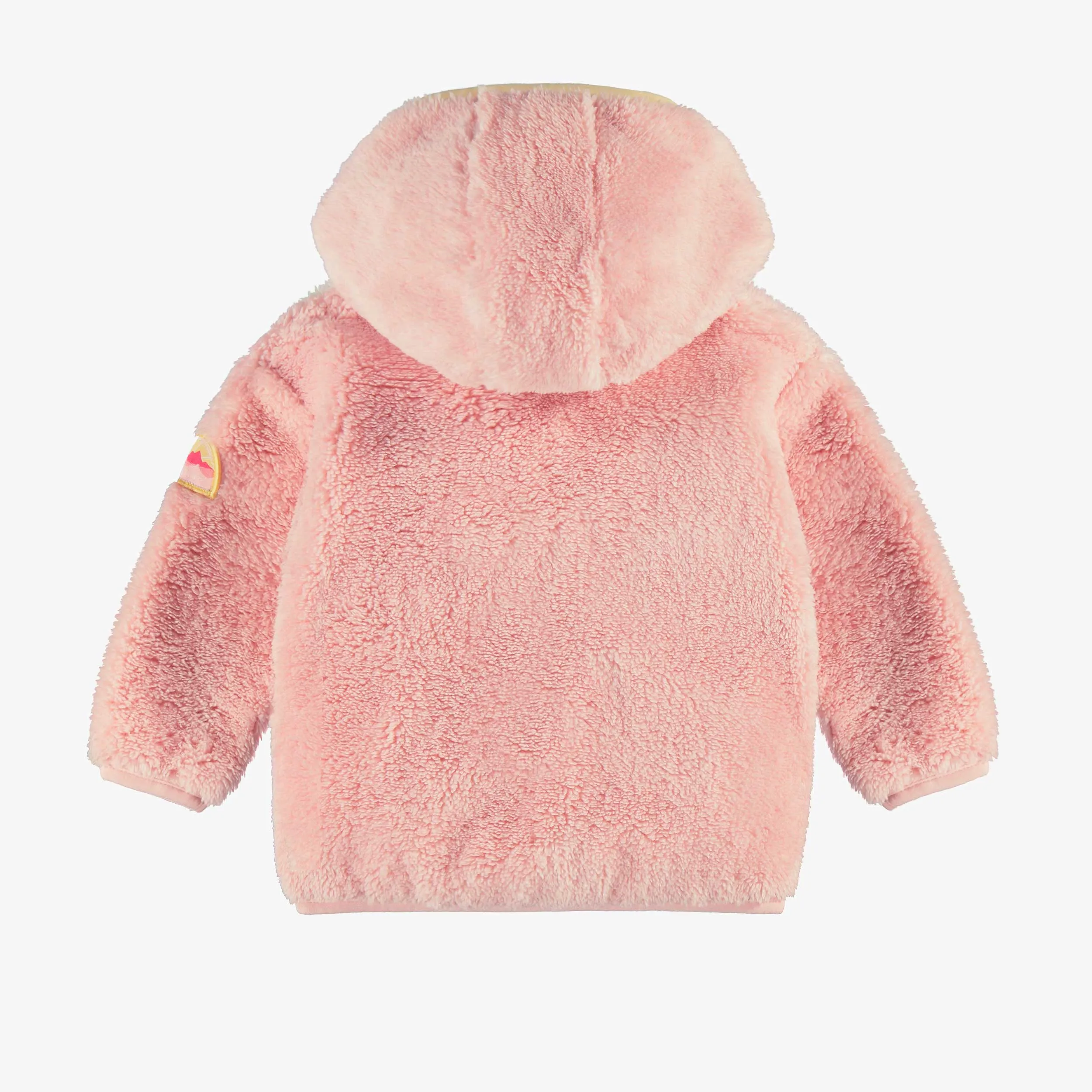 Veste à capuchon en peluche rose avec blocs de couleur, bébé || Plush pink hooded vest with color blocks, baby