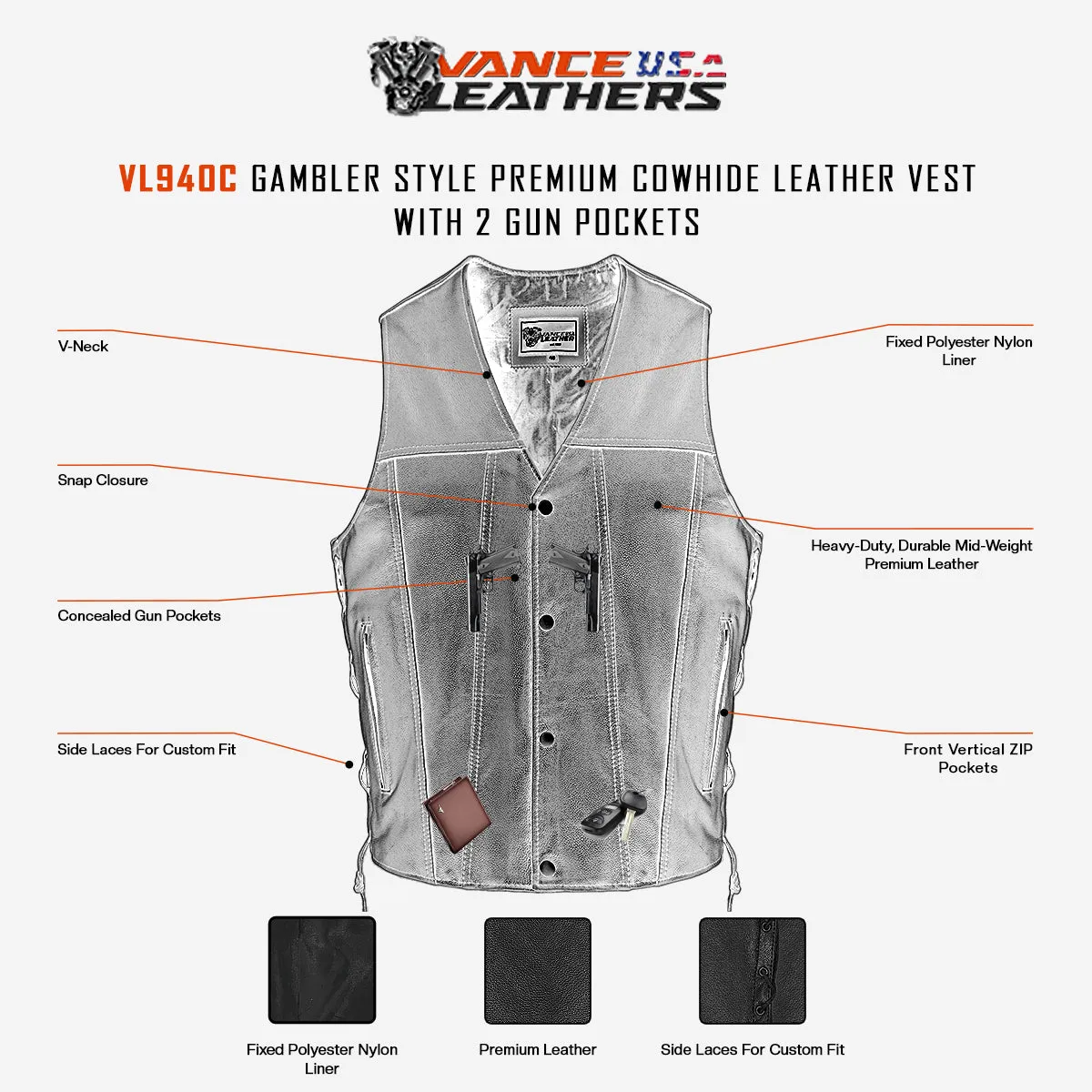 VL940C Vance Leather Gambler Style Premium Cowhide Leather Vest with 2 Gun Pockets