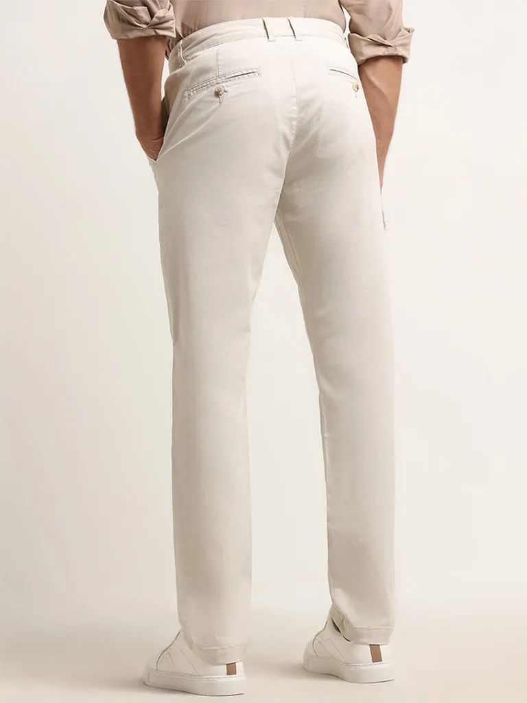 WES Casuals Cream Relaxed-Fit Mid-Rise Cotton Blend Chinos