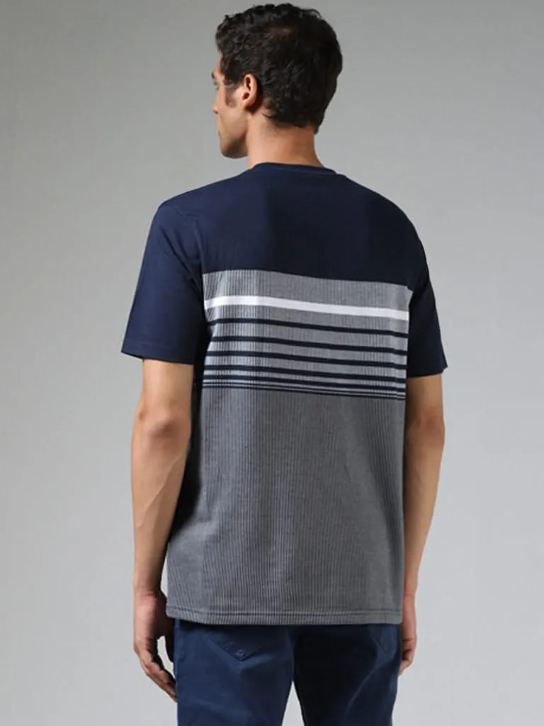 WES Casuals Navy Blue Striped Textured Cotton Relaxed-Fit T-Shirt