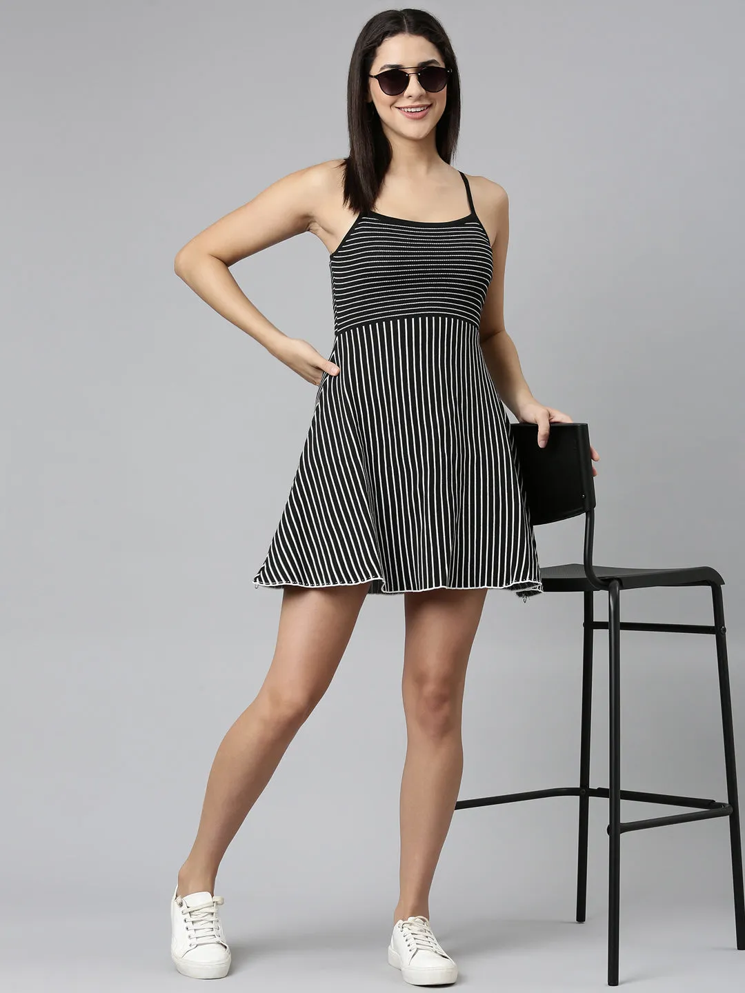 Women Black Striped A-Line Dress