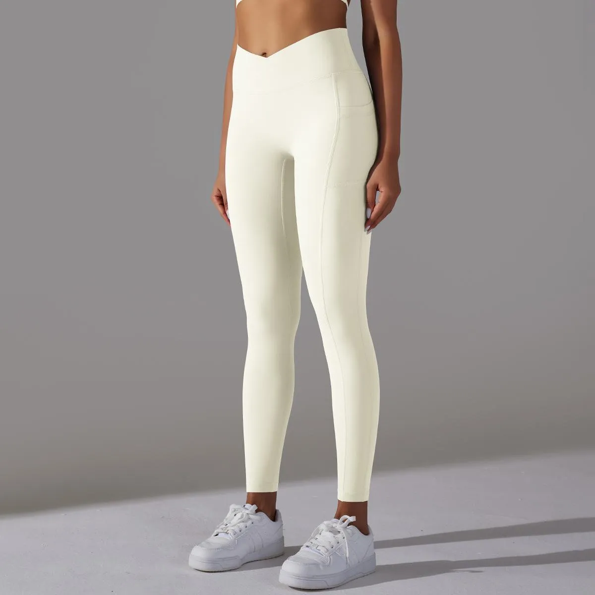 Women's Nude Feel Skin-friendly Cross Waist Stretch Fitness Pants With Pocket