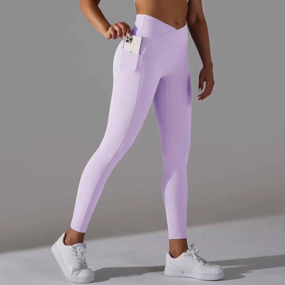 Women's Nude Feel Skin-friendly Cross Waist Stretch Fitness Pants With Pocket