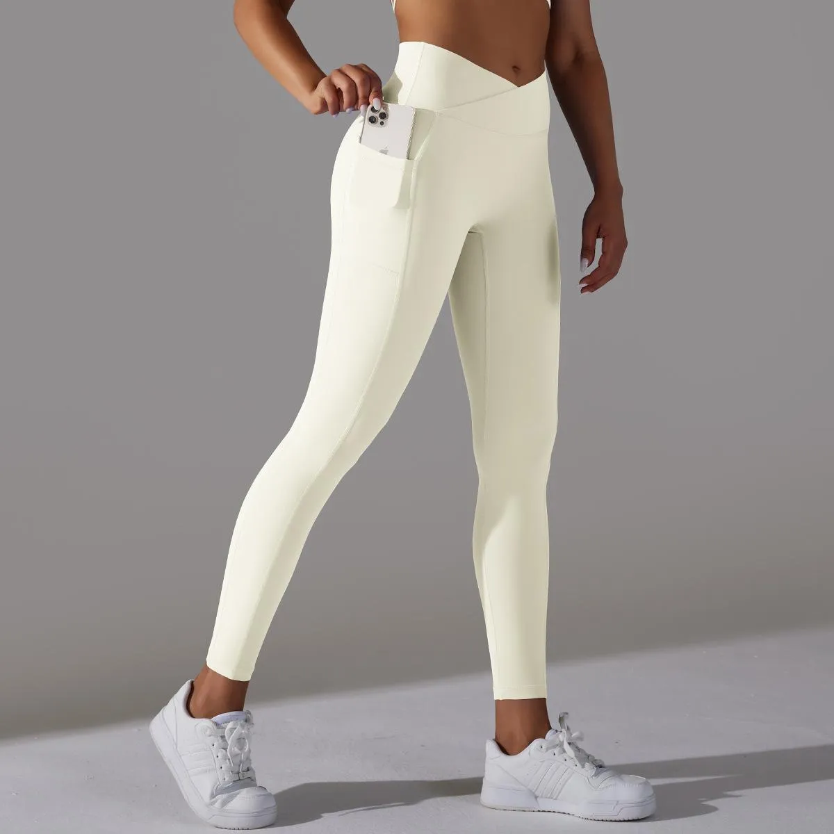 Women's Nude Feel Skin-friendly Cross Waist Stretch Fitness Pants With Pocket