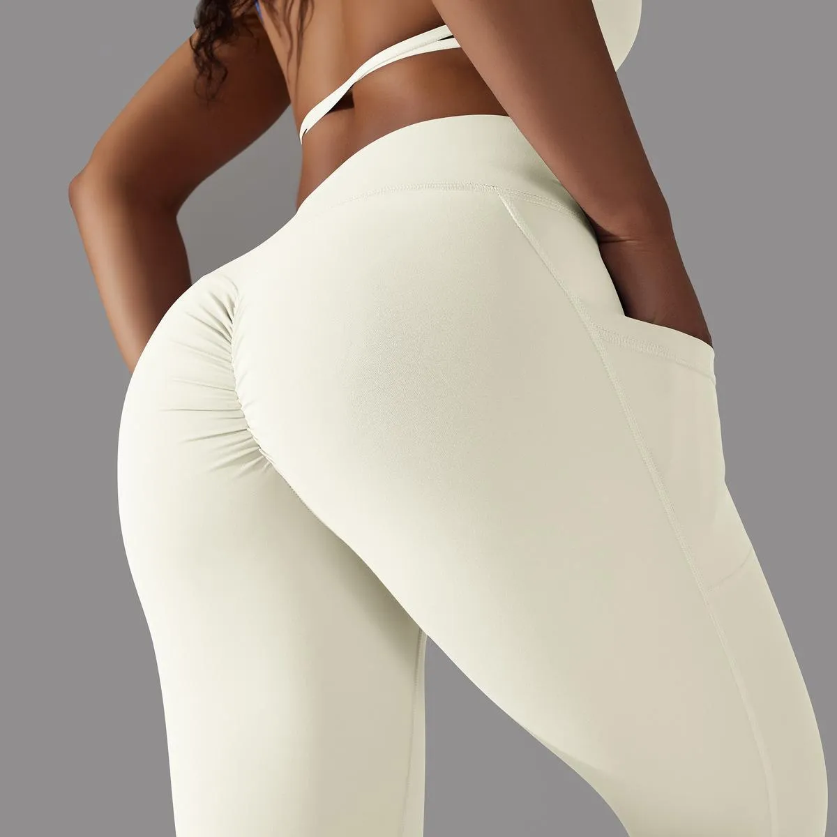 Women's Nude Feel Skin-friendly Cross Waist Stretch Fitness Pants With Pocket