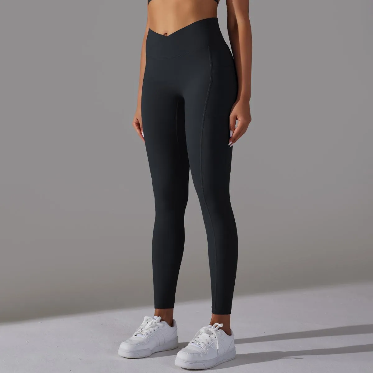 Women's Nude Feel Skin-friendly Cross Waist Stretch Fitness Pants With Pocket