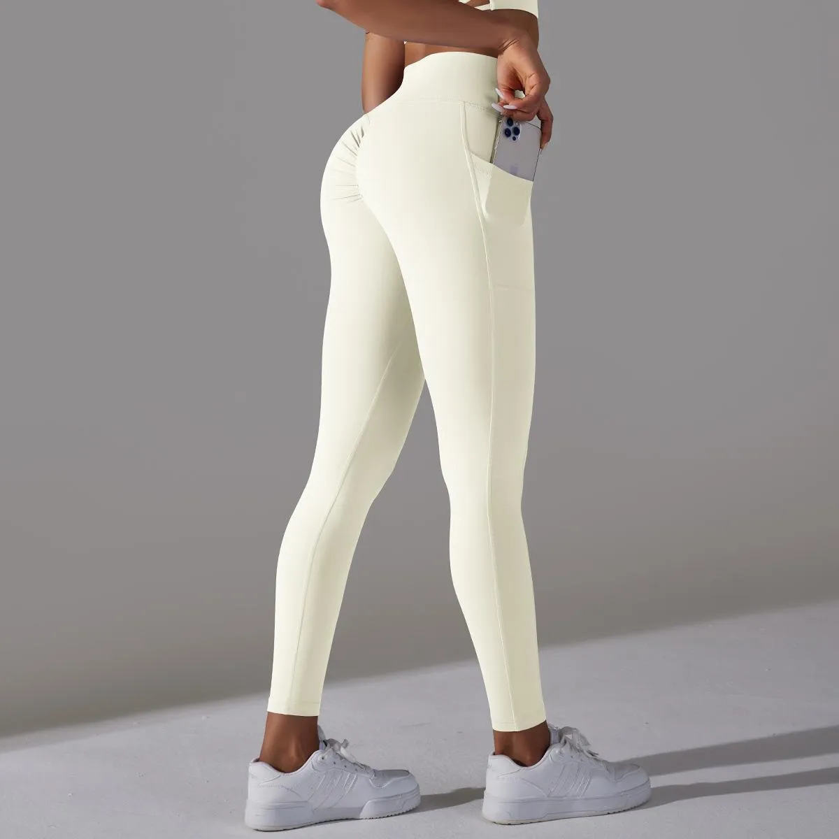 Women's Nude Feel Skin-friendly Cross Waist Stretch Fitness Pants With Pocket