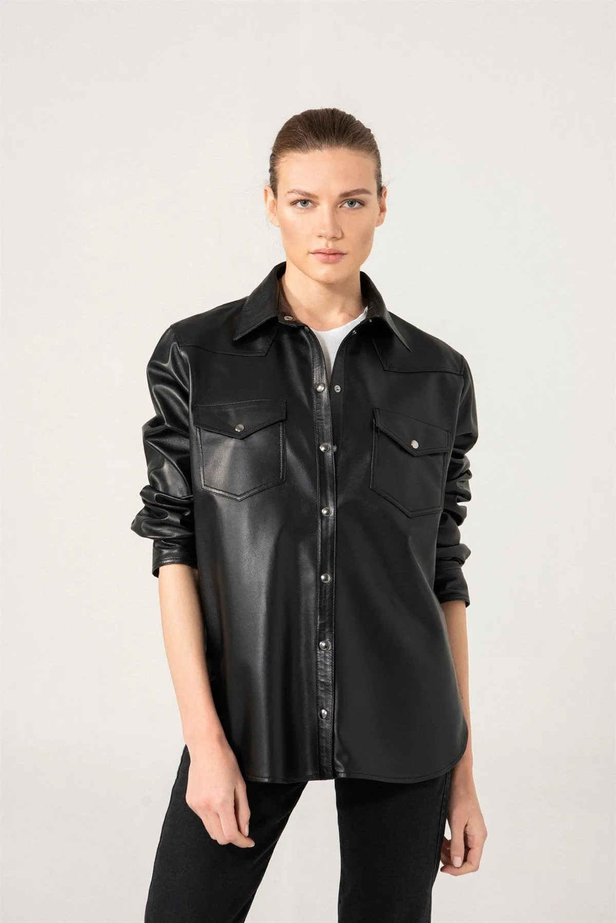 Women's Stylish Black Leather Shirt Jacket